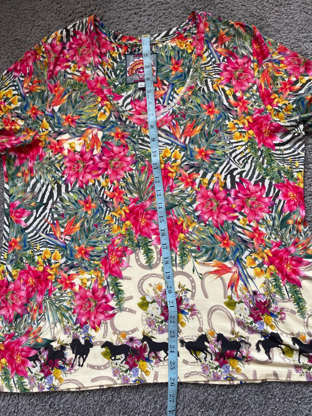 Johnny Was Pink Yellow Floral & Zebra Border Short Sleeve Tee - Picture 7 of 8